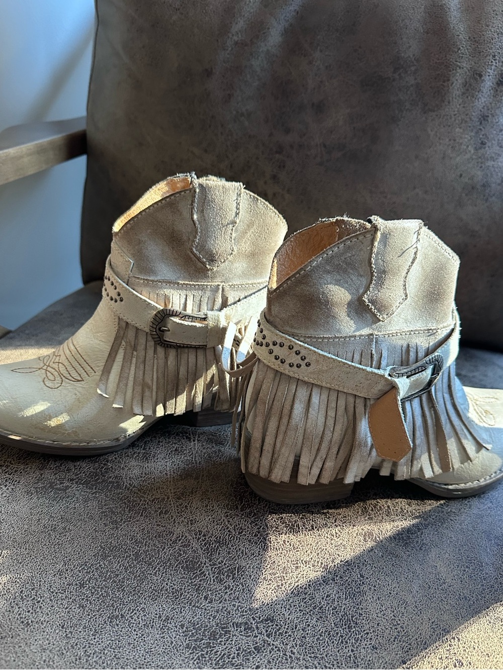 Fringe Ankle Boots in Taupe Suede